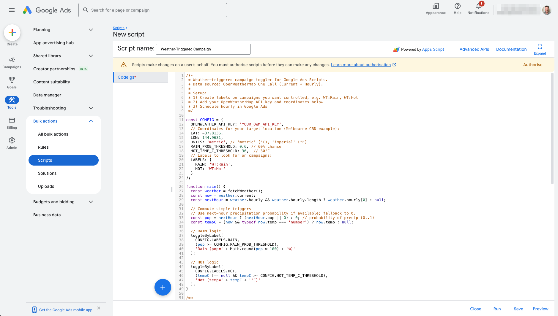 Google Ads Weather Script: 4 Free Copy-Paste Scripts (2026)
