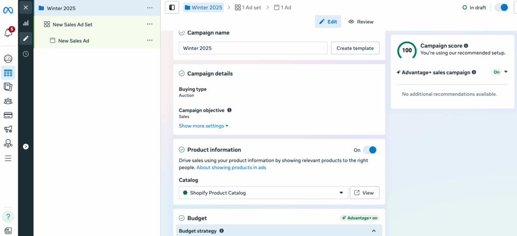 Sales campaign in Meta Ads Manager with Product information on and the Shopify catalogue selected