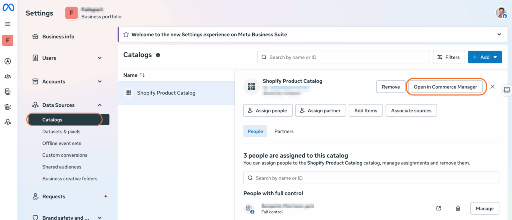 Catalogue under Data Sources in Meta Business Suite