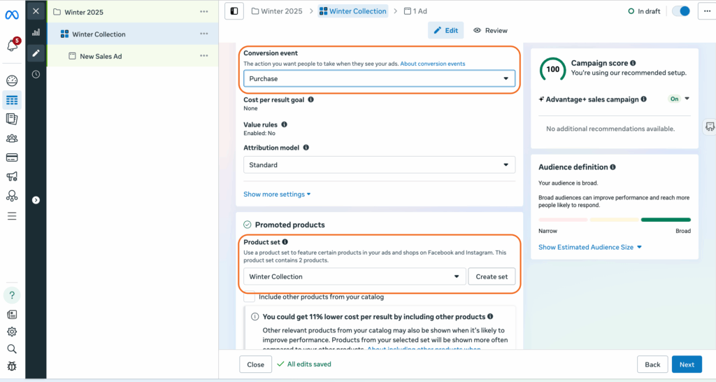 Ad set settings with Purchase as the conversion event and Winter Collection as the product set