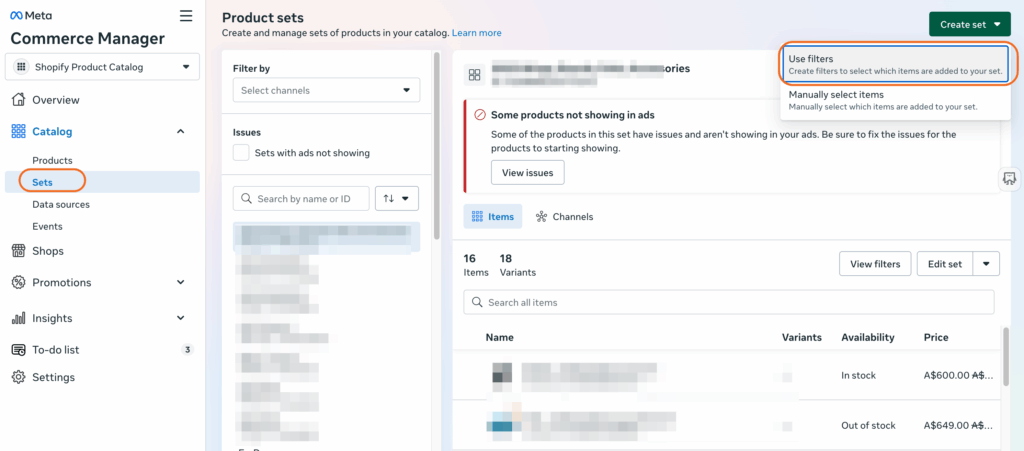 Product sets in Meta Commerce Manager, with Create set and Use filters highlighted