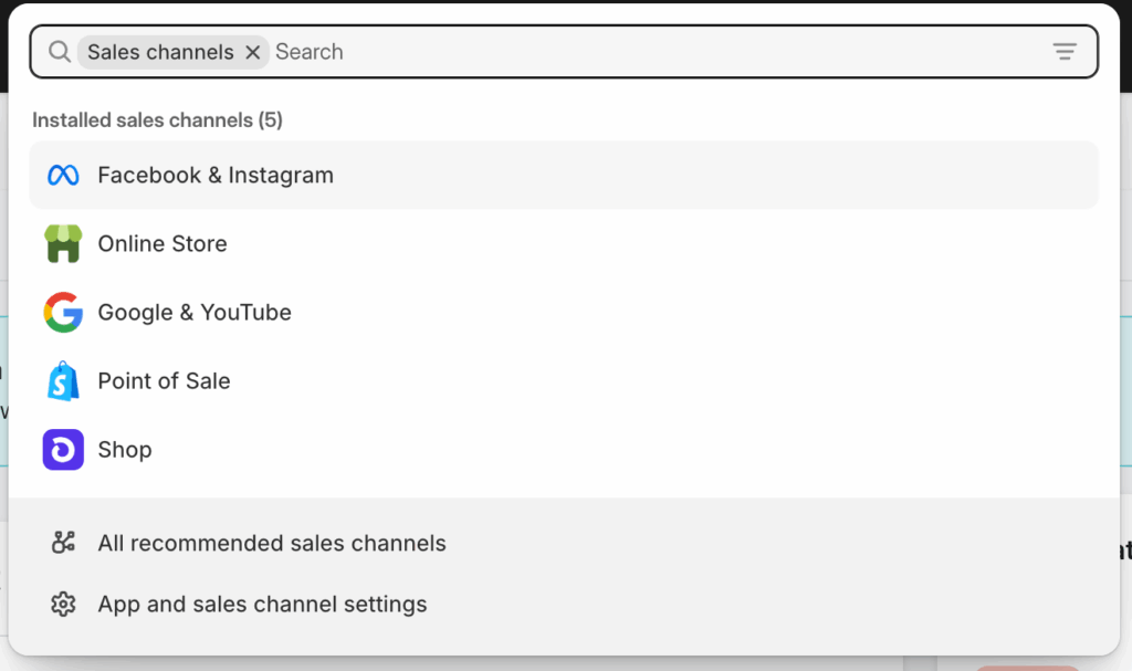 Facebook & Instagram sales channel in the Shopify admin