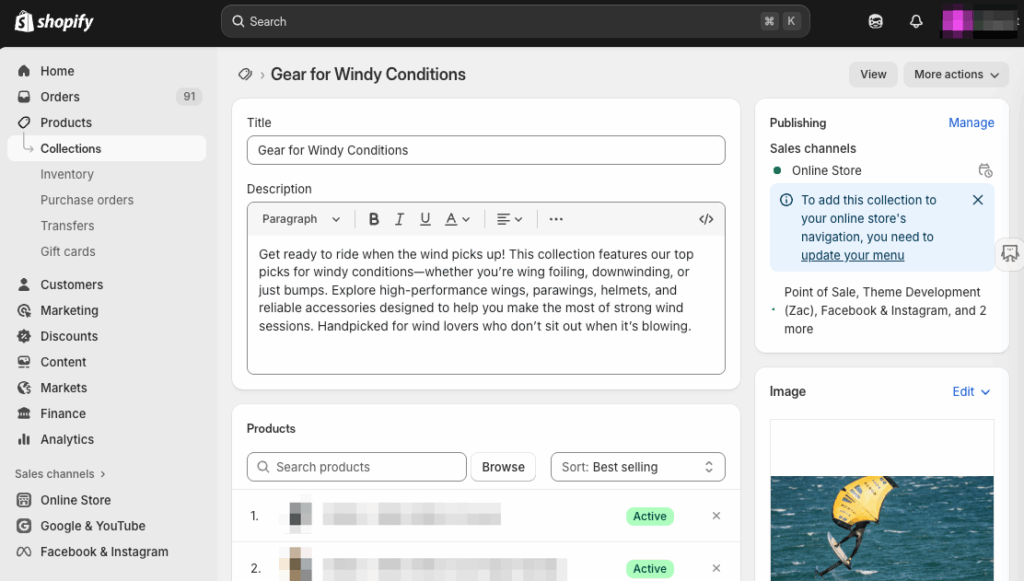 Shopify collection &ldquo;Gear for Windy Conditions&rdquo; with its description and products