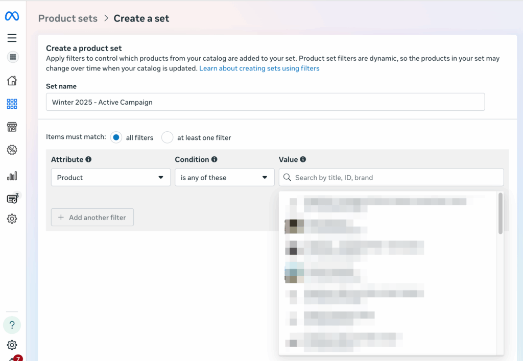 Creating a filtered product set named Winter 2025 - Active Campaign in Commerce Manager