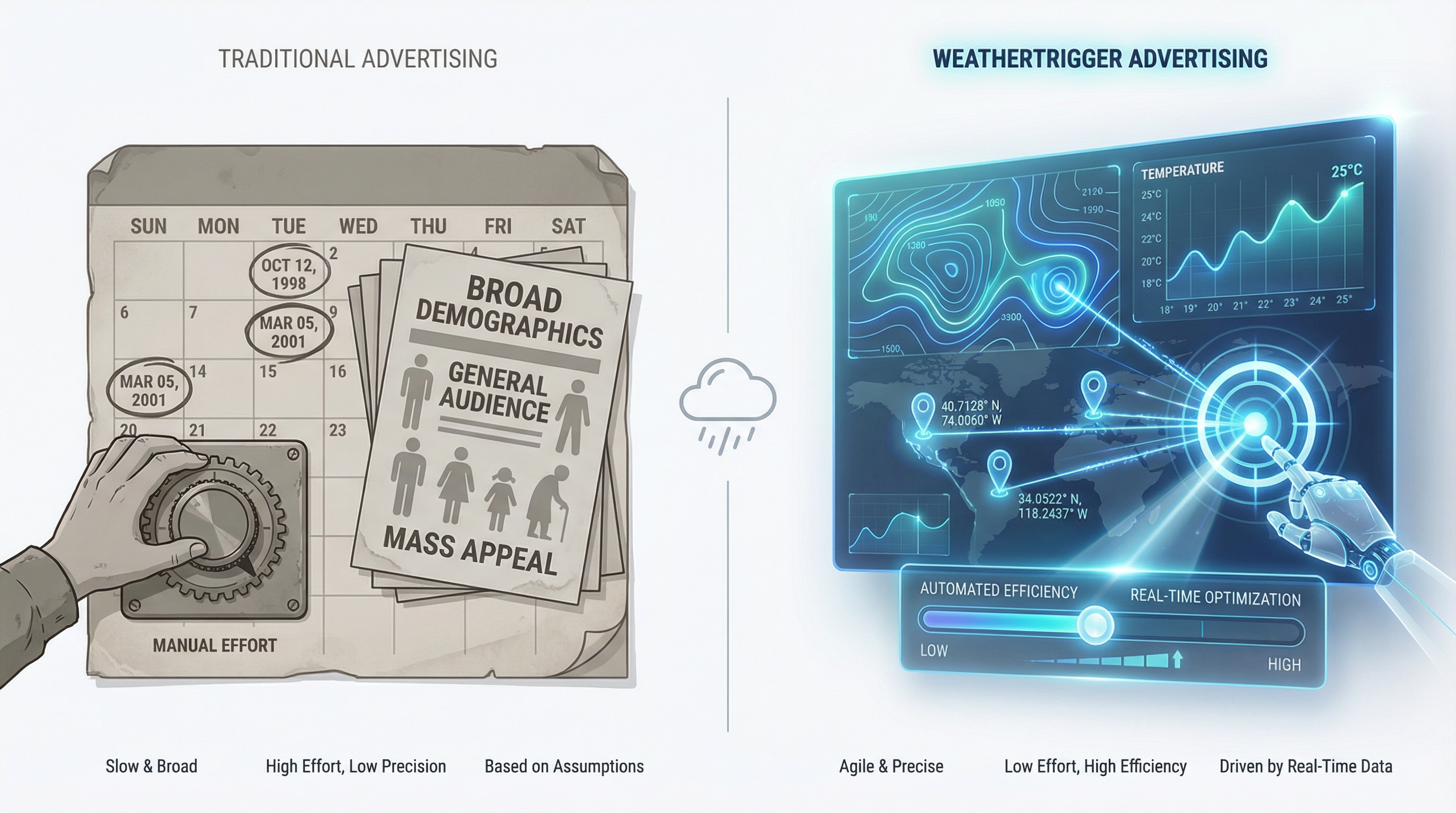 Comparison of traditional advertising versus WeatherTrigger automated weather-based advertising