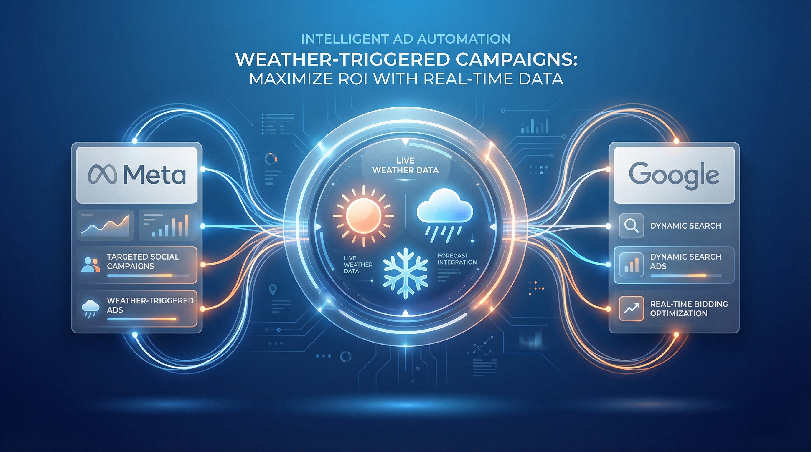 Weather-triggered advertising dashboard showing Meta and Google ad automation with real-time weather data