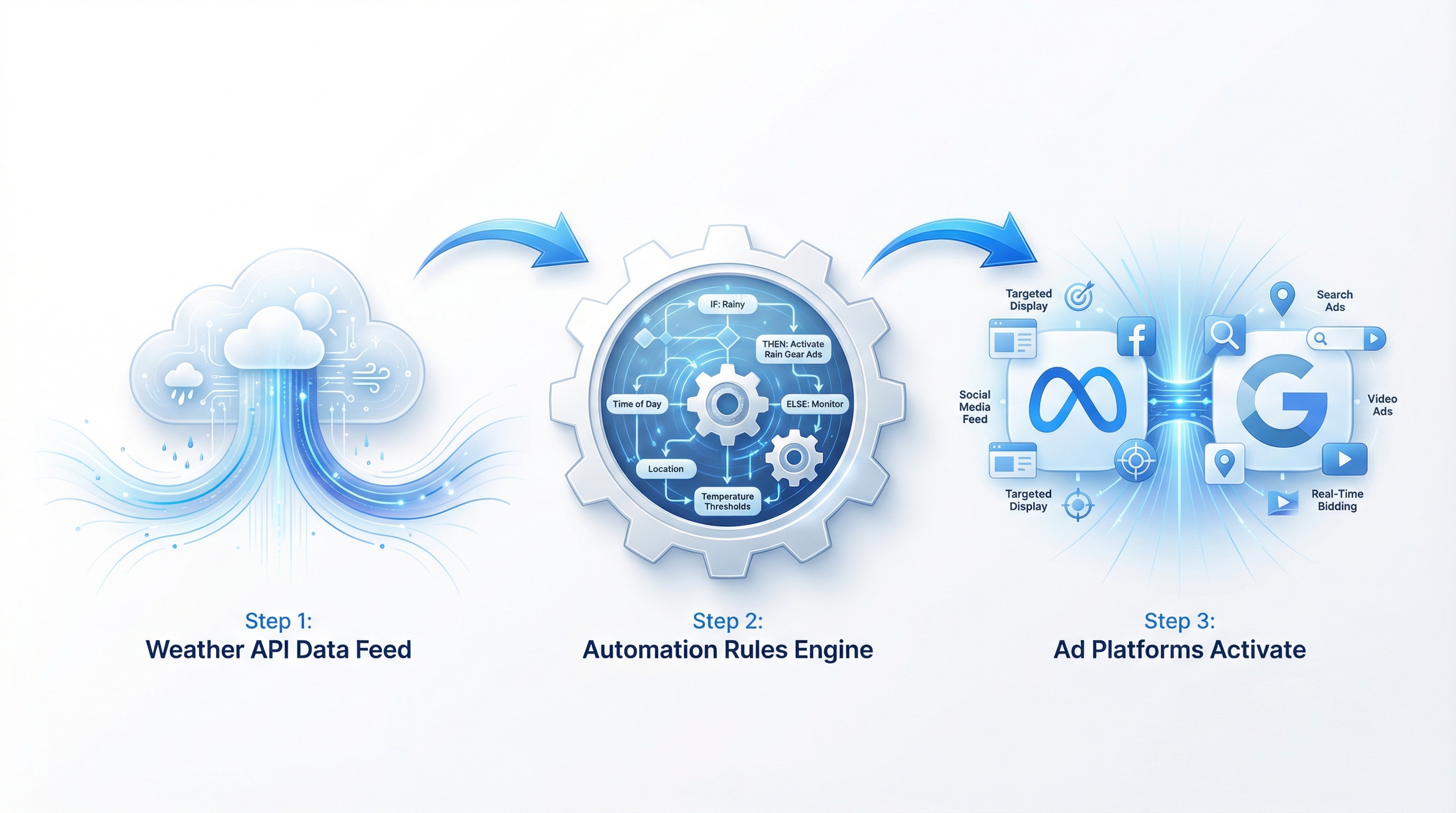 Three-step weather-triggered advertising workflow: weather API data feed, automation rules engine, ad platforms activate
