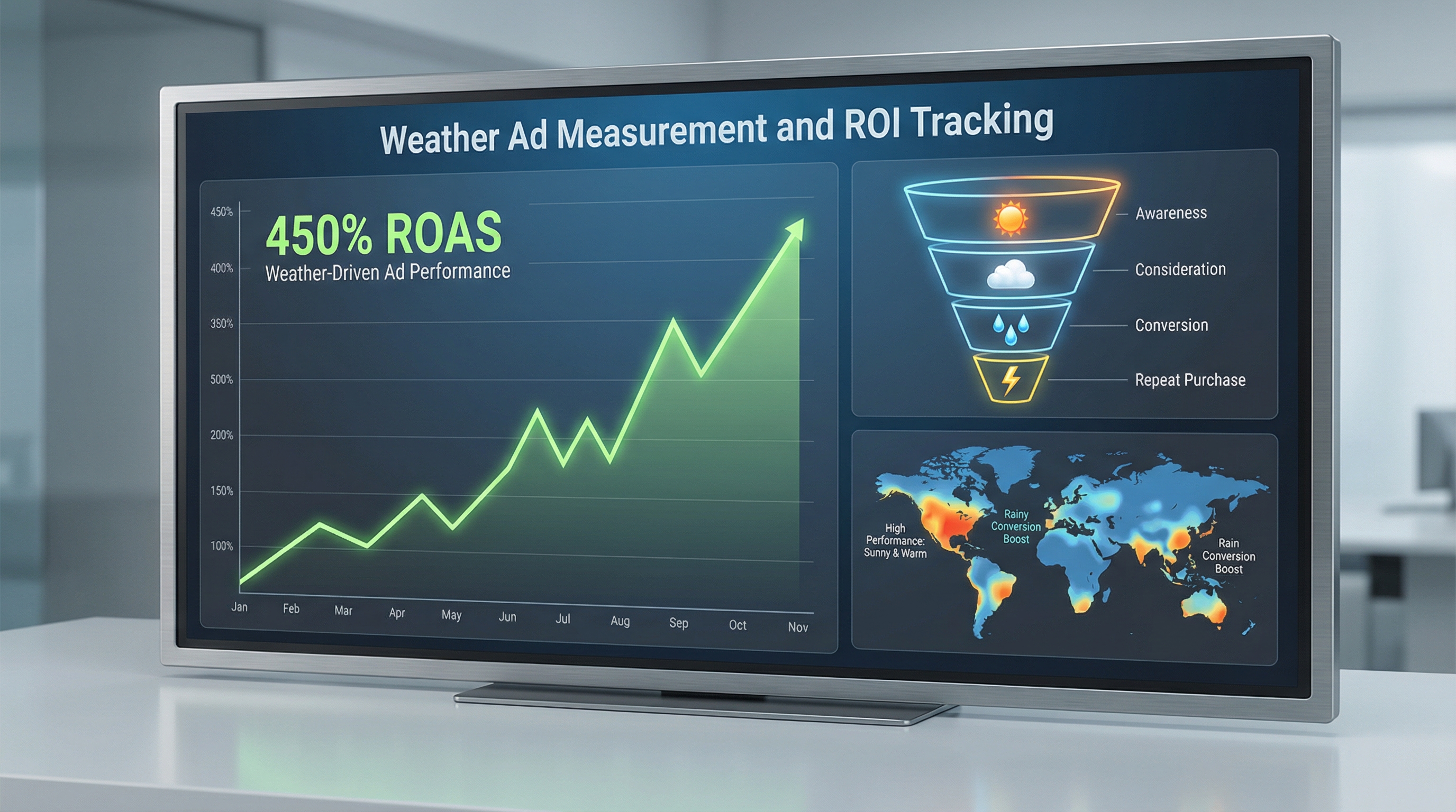 Weather ad measurement dashboard showing ROI tracking and conversion analytics for weather-triggered campaigns