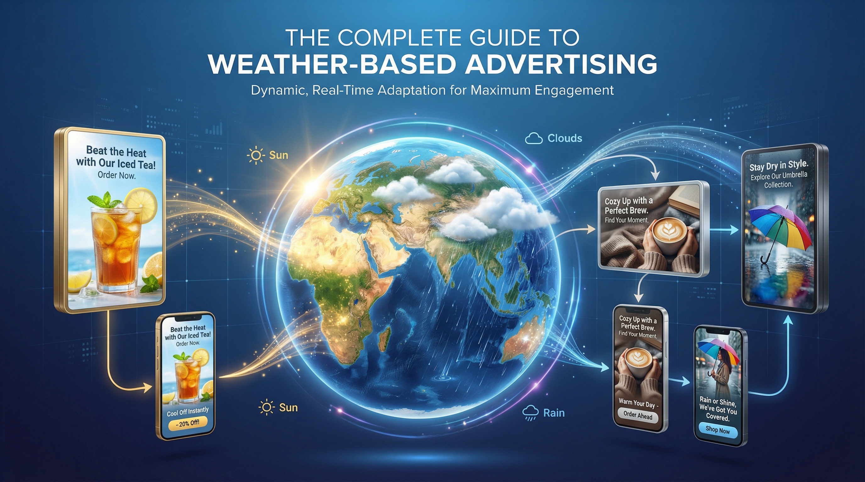 Complete guide to weather-based advertising showing global weather patterns connected to dynamic ad campaigns